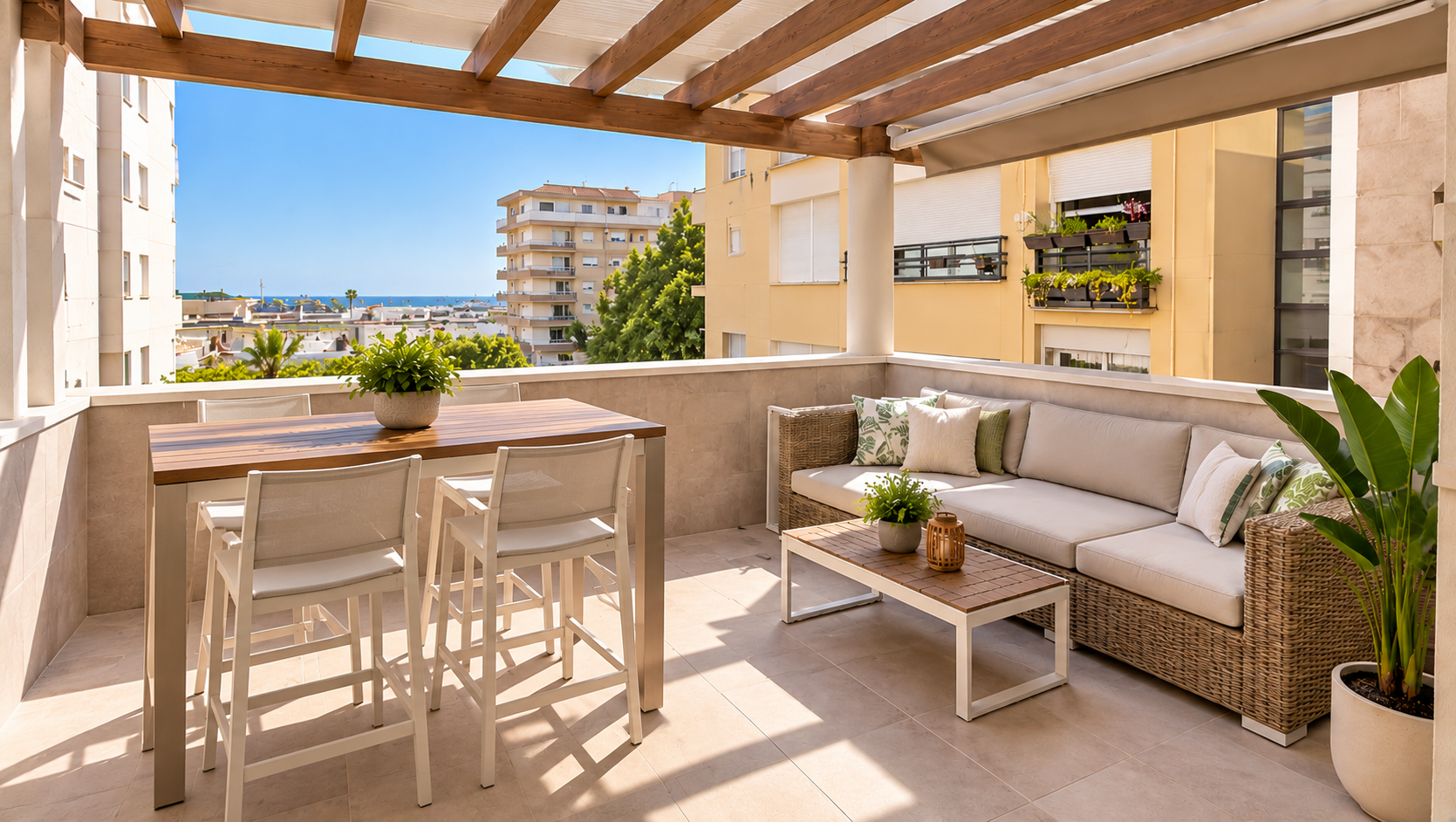 Private furnished terrace with high table, four chairs and outdoor sofa